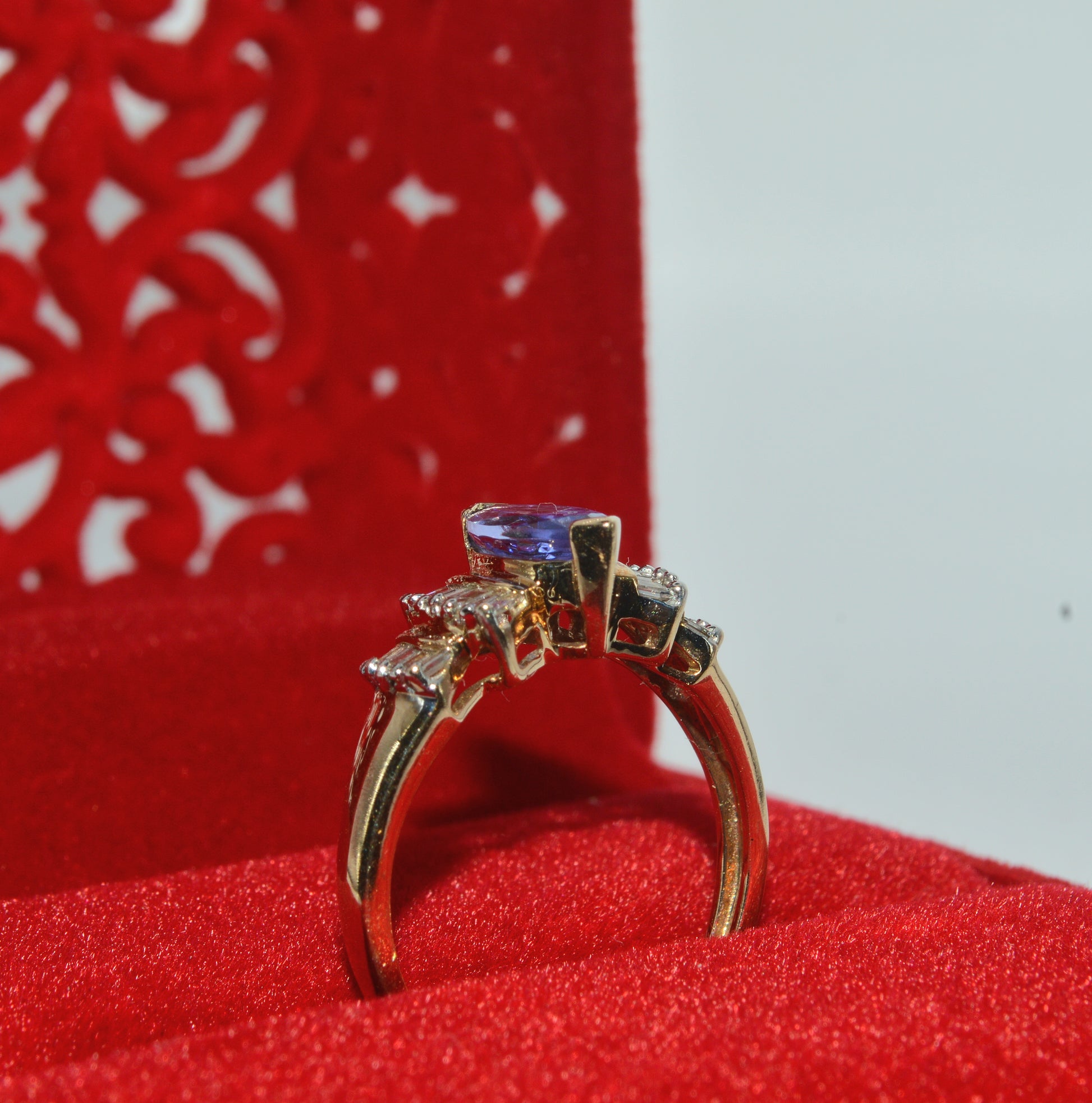 9ct Gold - Marquise Cut Tanzanite & Baguette Diamond Ring upright right