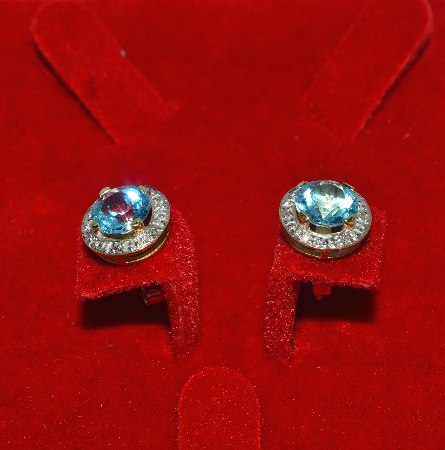 9ct Gold -Swiss Blue Topaz & Diamond Stud Earrings up