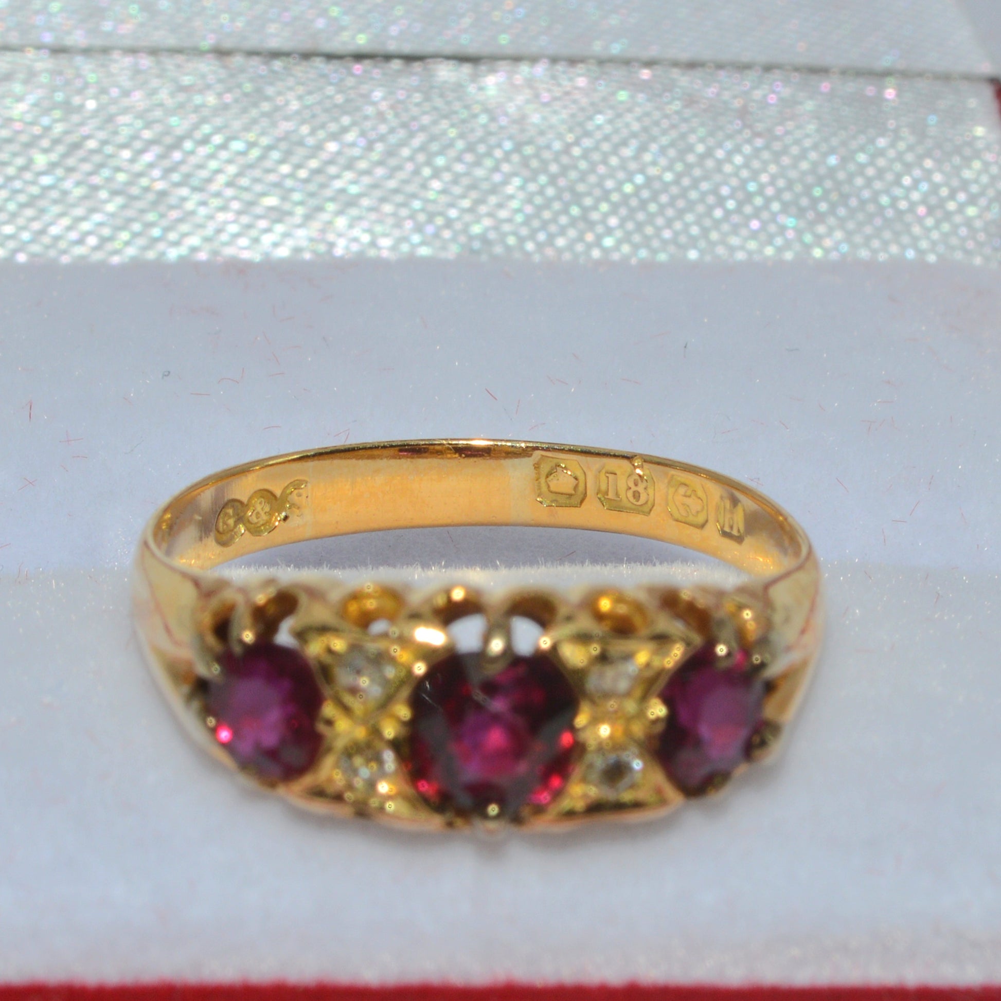 Edwardian Era 1907 - Antique 18ct Gold - Ruby & Diamond Ring hallmarks