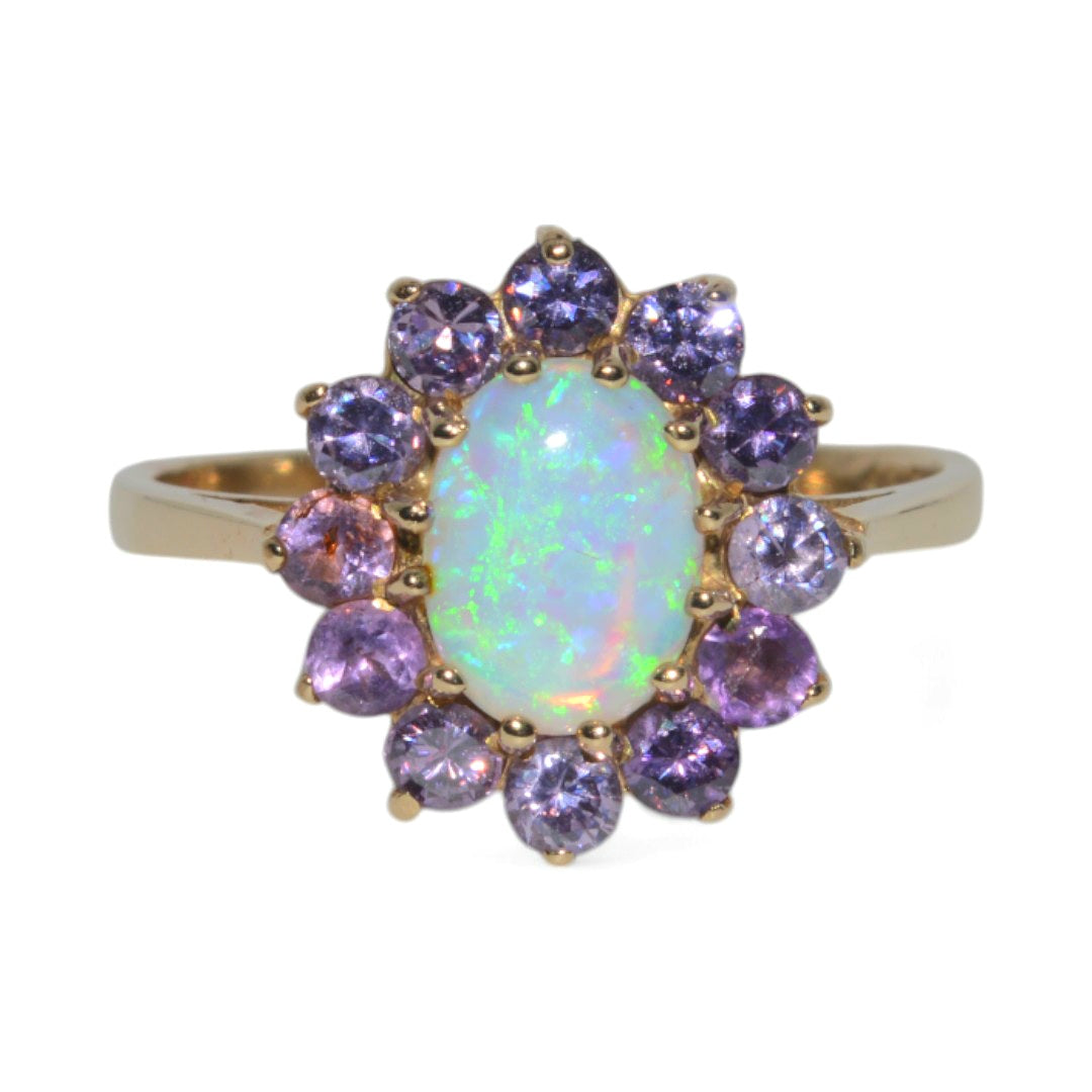 9ct Gold - Opal & Amethyst Cluster Ring front top down