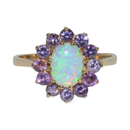 9ct Gold - Opal & Amethyst Cluster Ring front top down