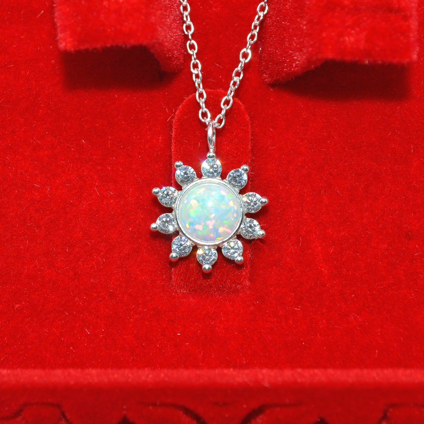 Sterling Silver - Opal & Cz Pendant & Necklace close inside box