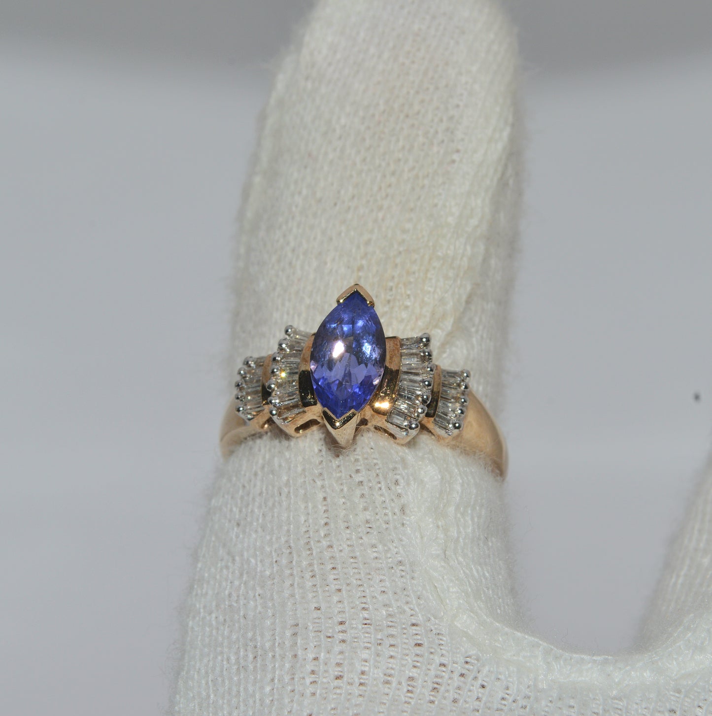 9ct Gold - Marquise Cut Tanzanite & Baguette Diamond Ring finger top down