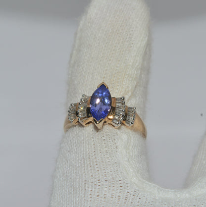 9ct Gold - Marquise Cut Tanzanite & Baguette Diamond Ring finger top down