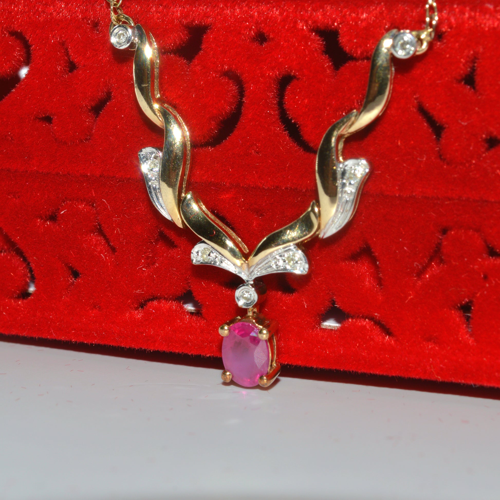 9ct Gold - Ruby & Diamond Lavaliere Necklace left close