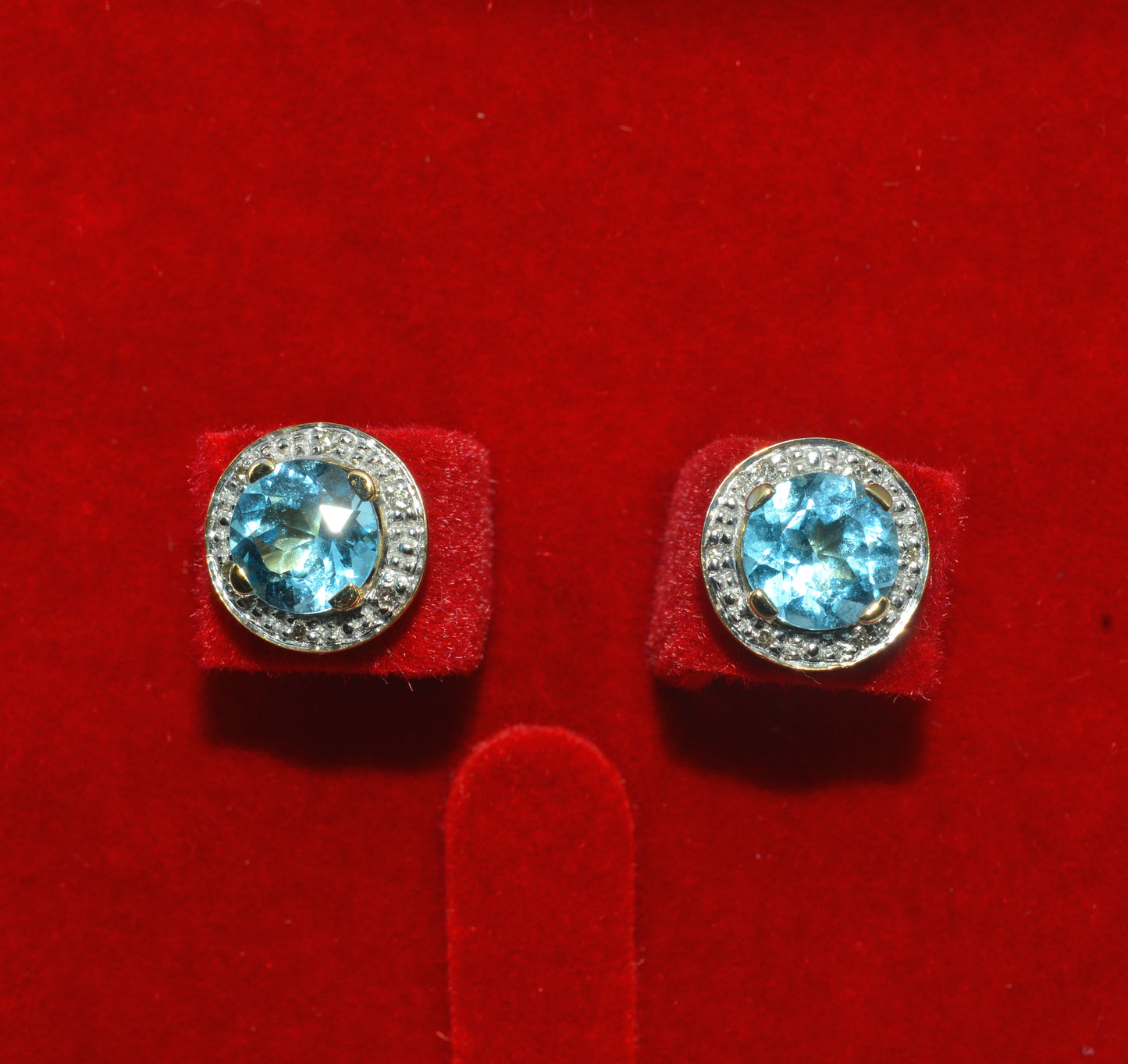 9ct Gold -Swiss Blue Topaz & Diamond Stud Earrings front down