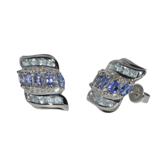 9ct White Gold - Tanzanite & Diamond Earrings front & side