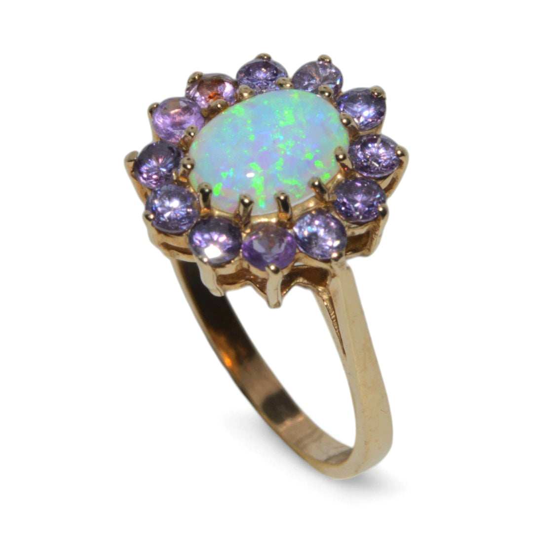 9ct Gold - Opal & Amethyst Cluster Ring upright side on