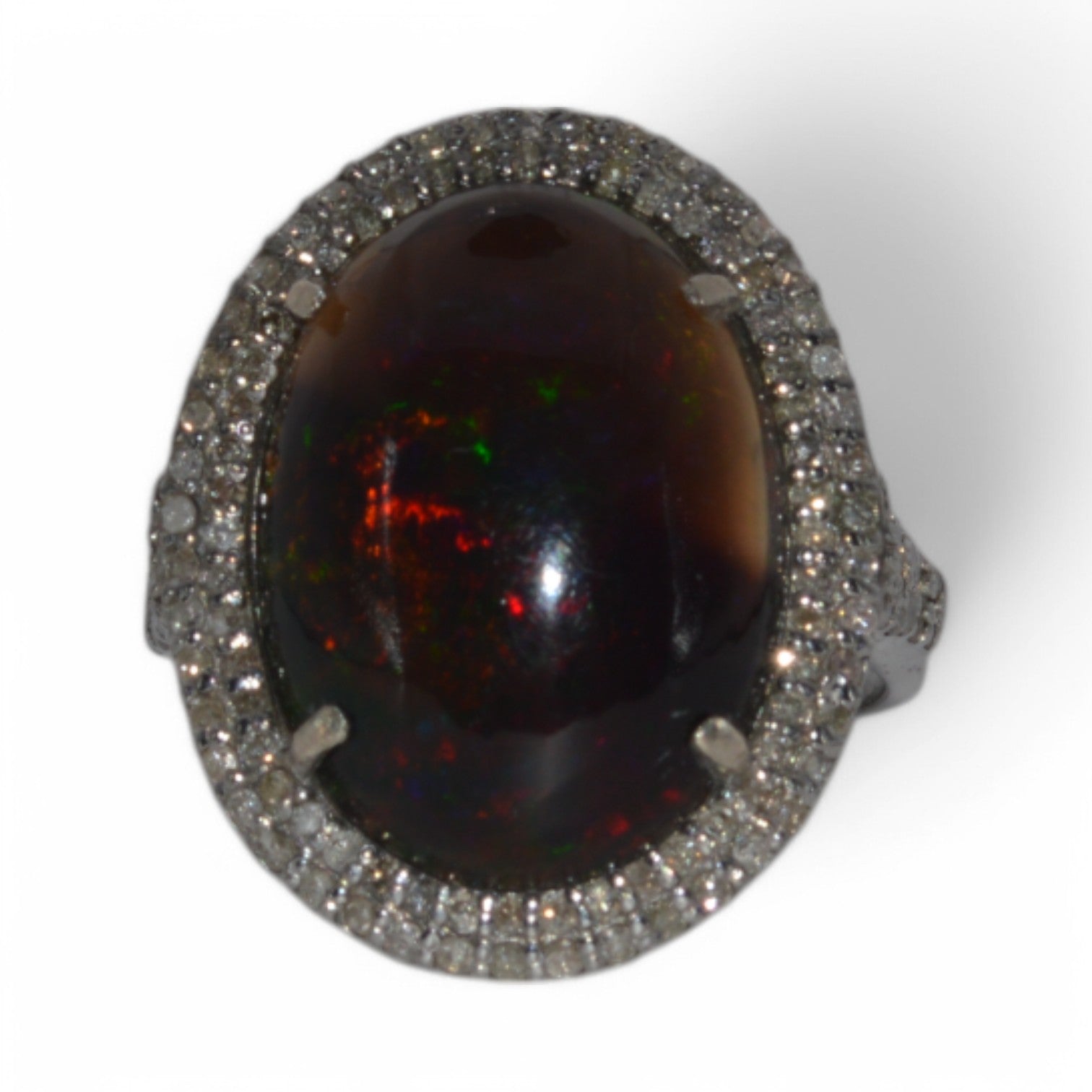 Silver - 8.22ct Black Opal & 0.8ct Diamond Cocktail Ring front on