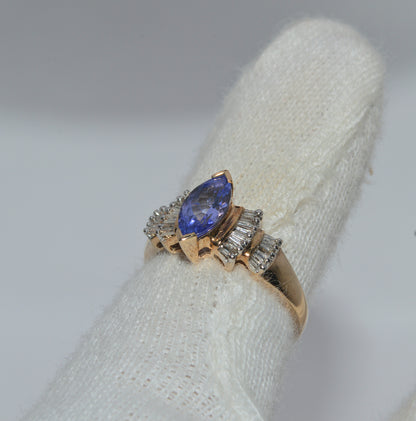 9ct Gold - Marquise Cut Tanzanite & Baguette Diamond Ring finger left