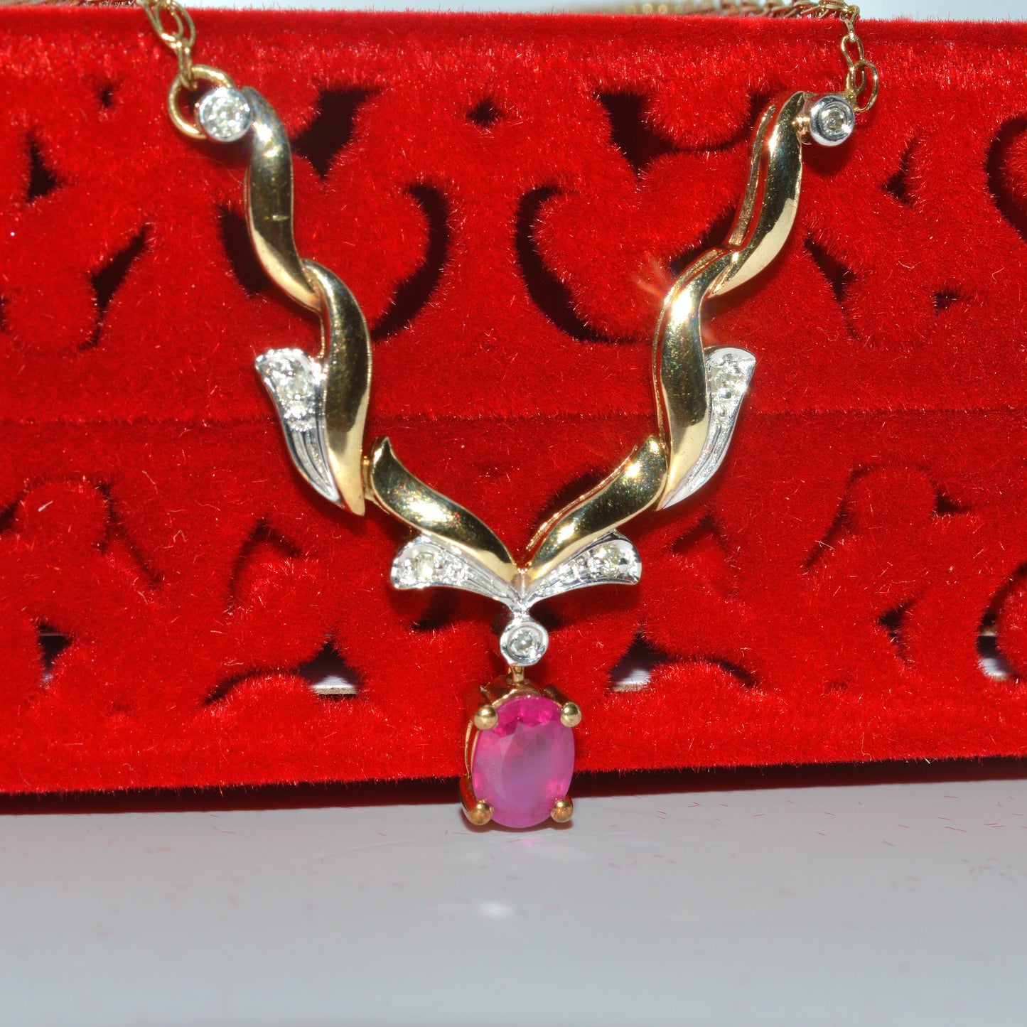 9ct Gold - Ruby & Diamond Lavaliere Necklace right close