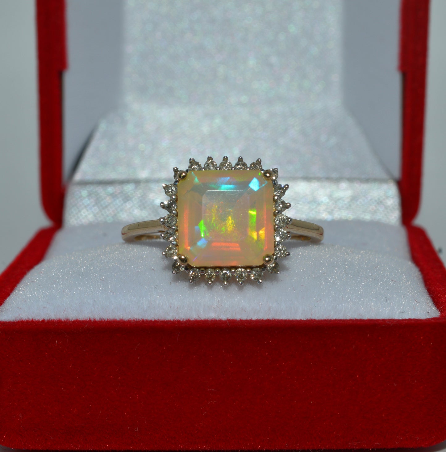 9ct Gold - Ethiopian Welo Opal & Diamond Cluster Ring front close