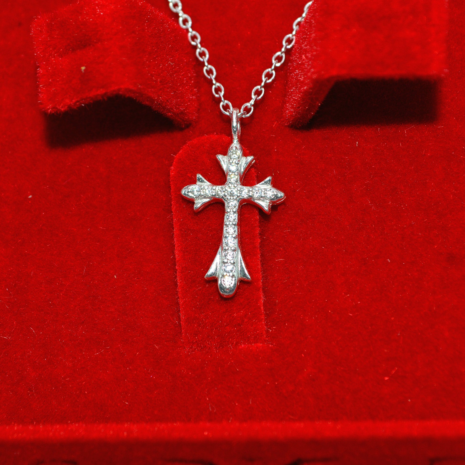 Sterling Silver - Cz Cross Necklace front on inside box