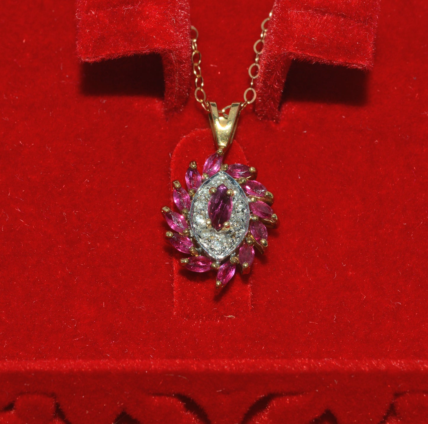 9ct Gold - Marquise Cut Ruby & Diamond Cluster Necklace front