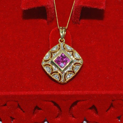 18ct Gold - Diamond & Pink Sapphire Cluster Pendant front