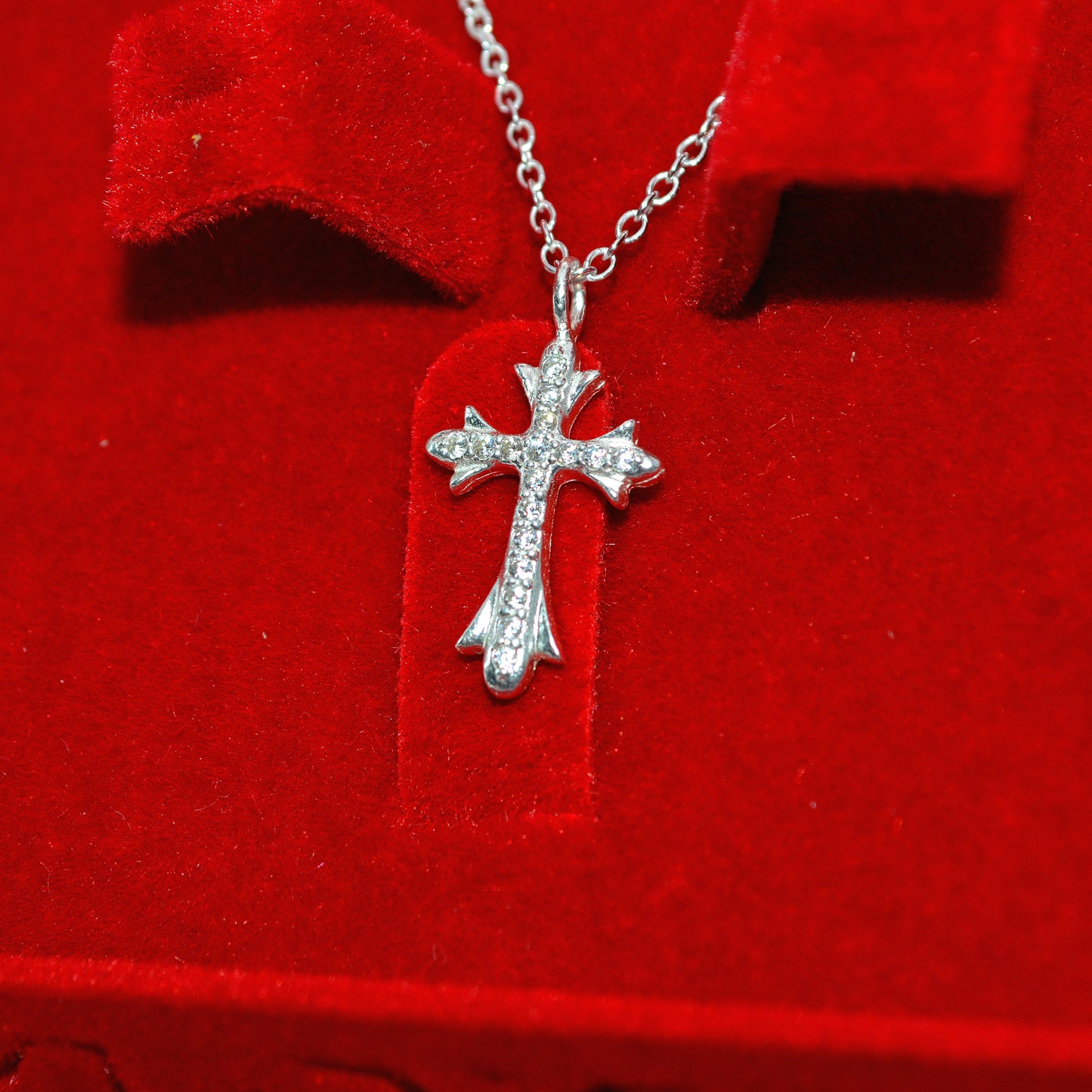 Sterling Silver - Cz Cross Necklace left tilt close inside box