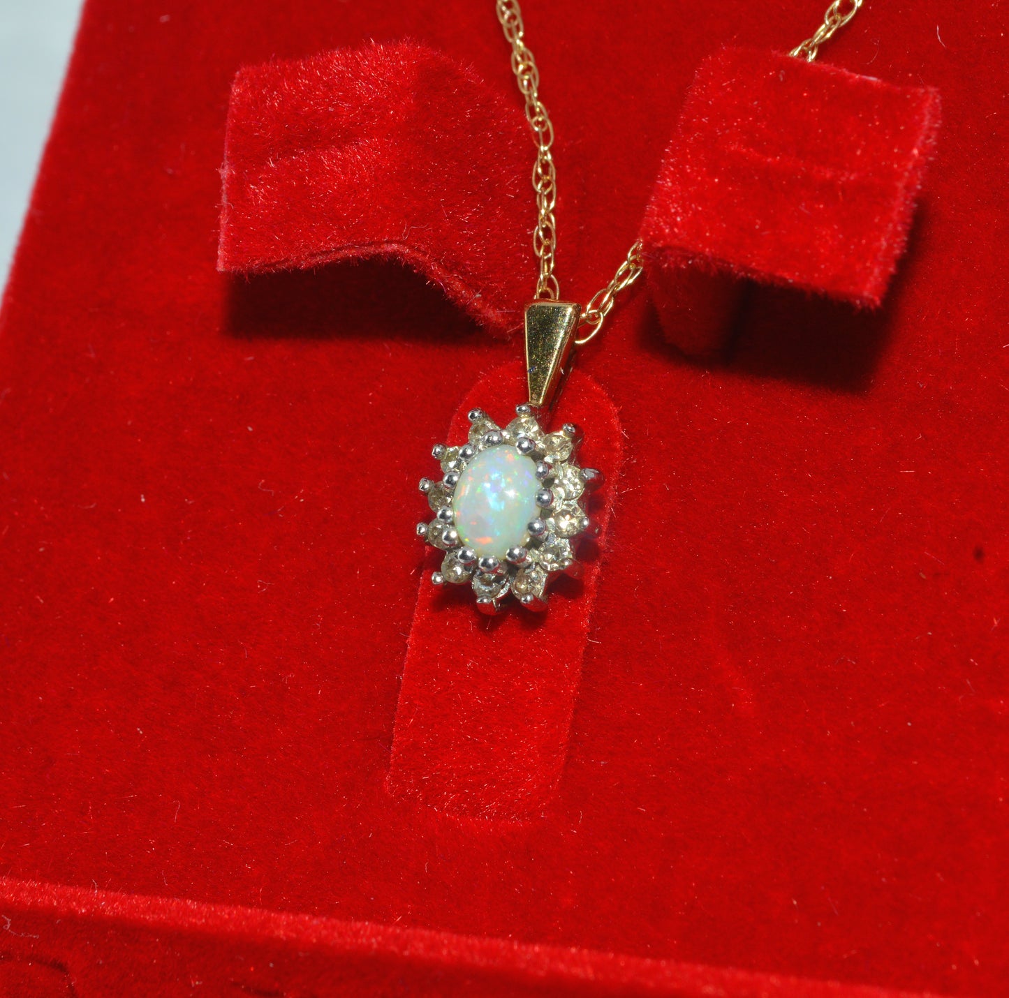 9ct Gold - Opal & Diamond Cluster Necklace left tilt