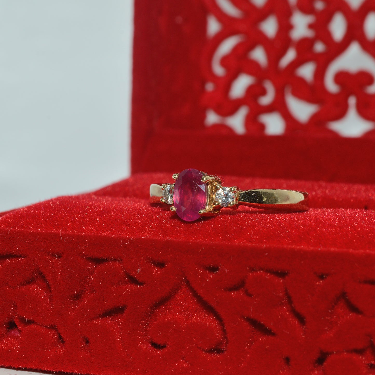 9ct Gold - Ruby & Diamond Trilogy Ring left