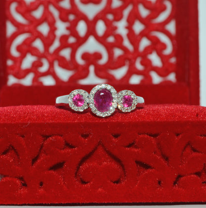 18ct White Gold - Ruby & Diamond Trilogy Ring front