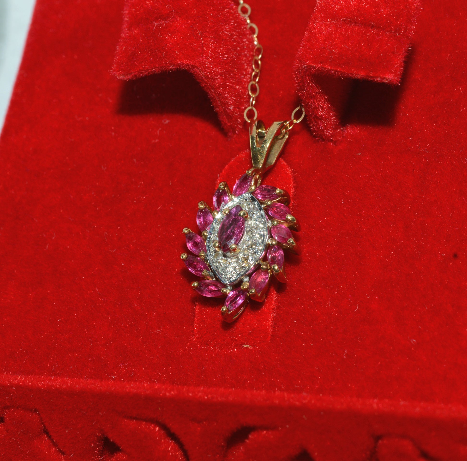 9ct Gold - Marquise Cut Ruby & Diamond Cluster Necklace left