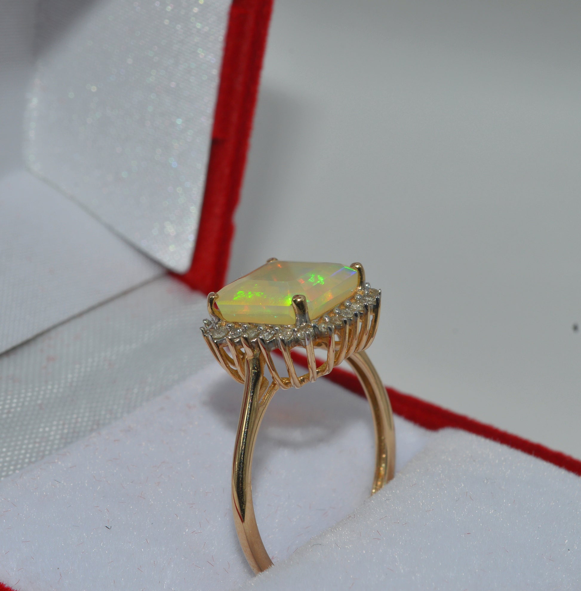 9ct Gold - Ethiopian Welo Opal & Diamond Cluster Ring upright tilt