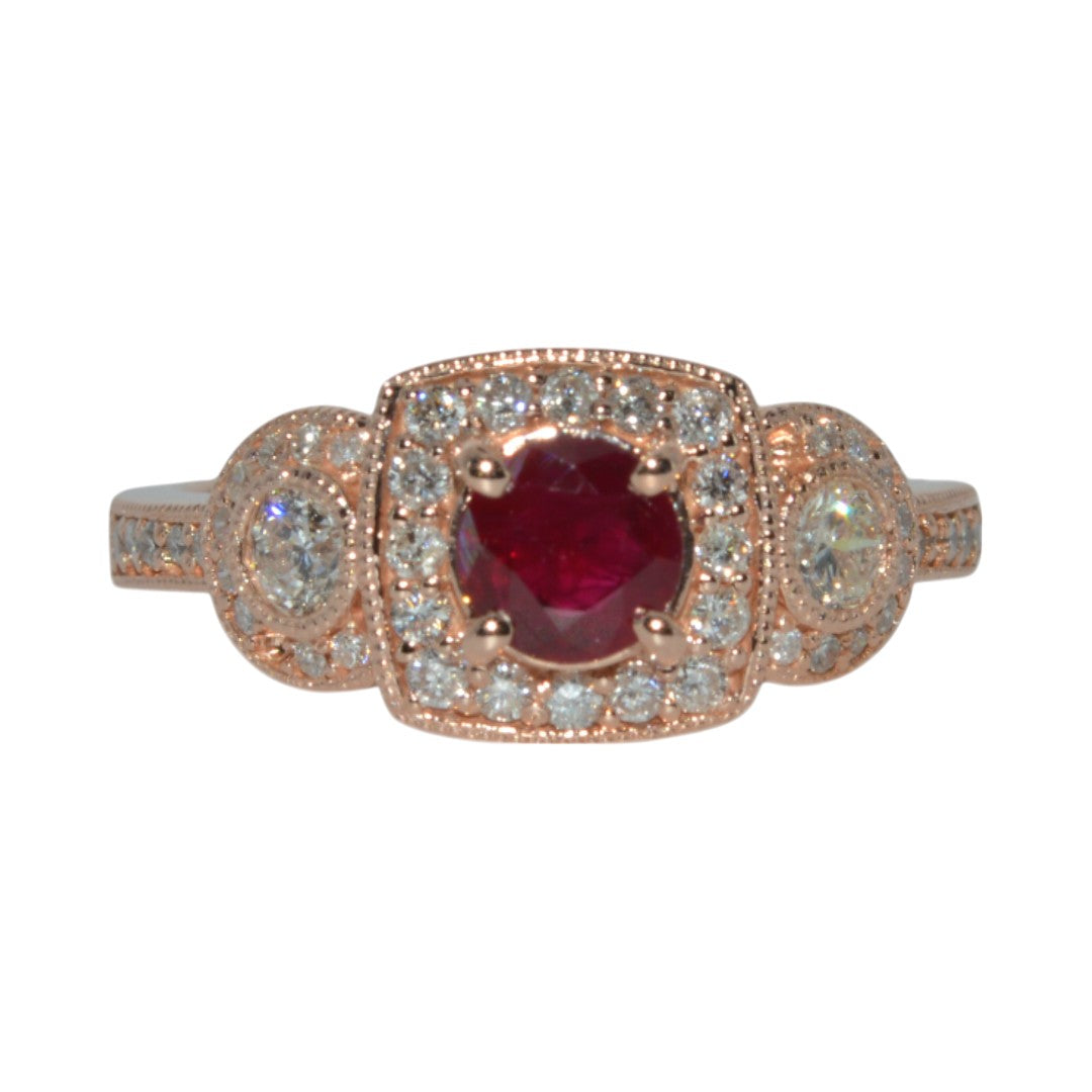 14ct Rose Gold - Ruby & Diamond Cluster Ring front on