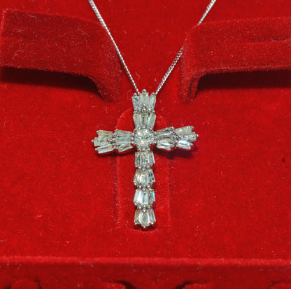 9ct White Gold - Baguette Diamond Cross Necklace front 1