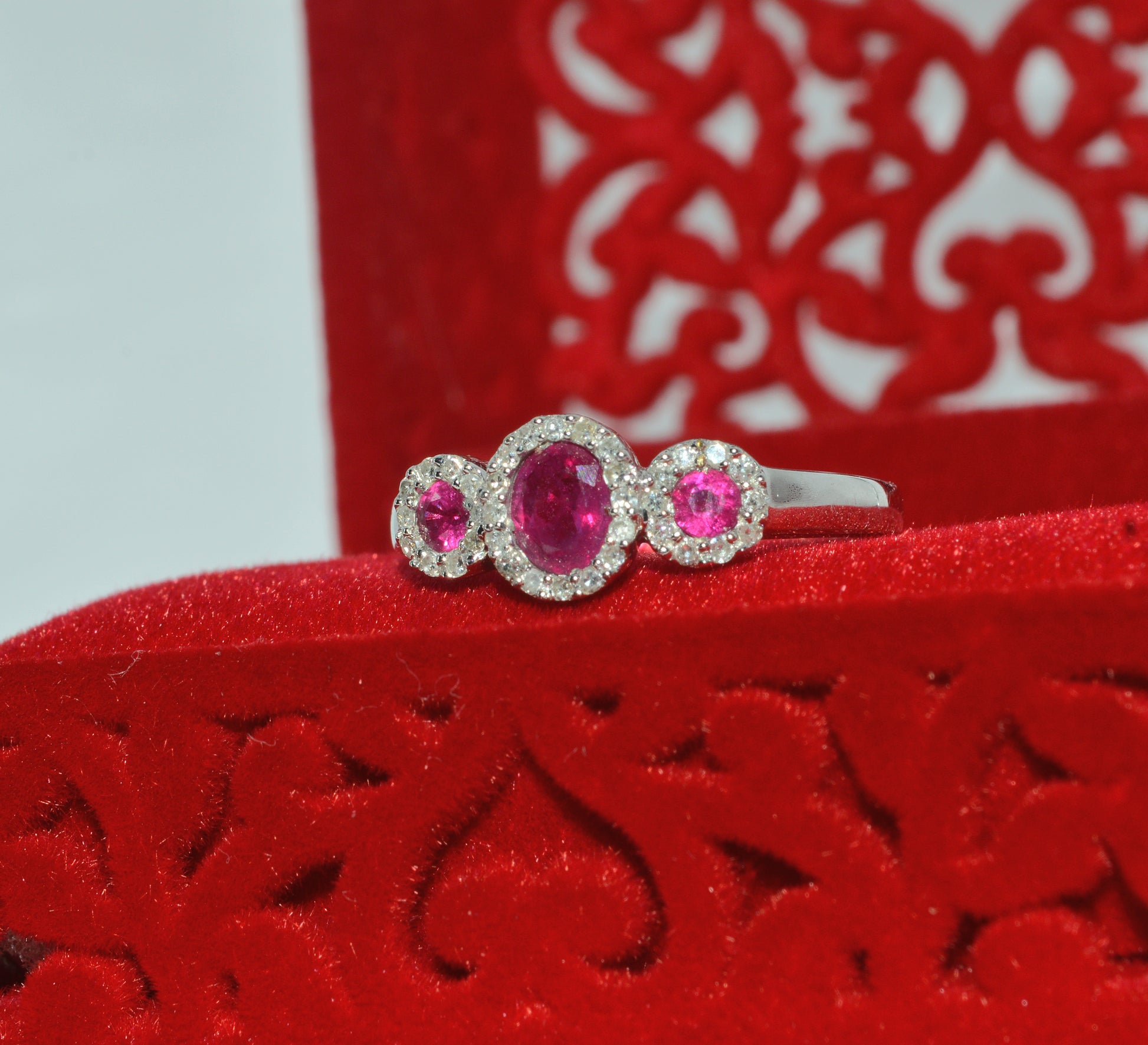 18ct White Gold - Ruby & Diamond Trilogy Ring left