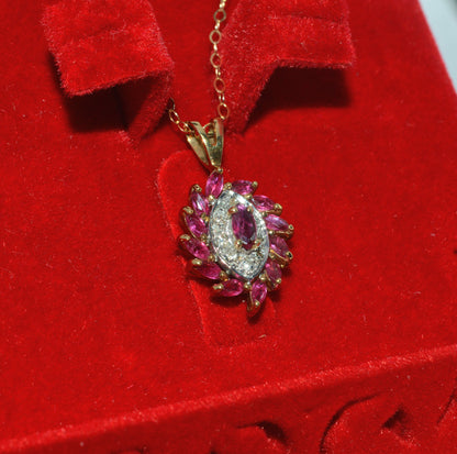 9ct Gold - Marquise Cut Ruby & Diamond Cluster Necklace right