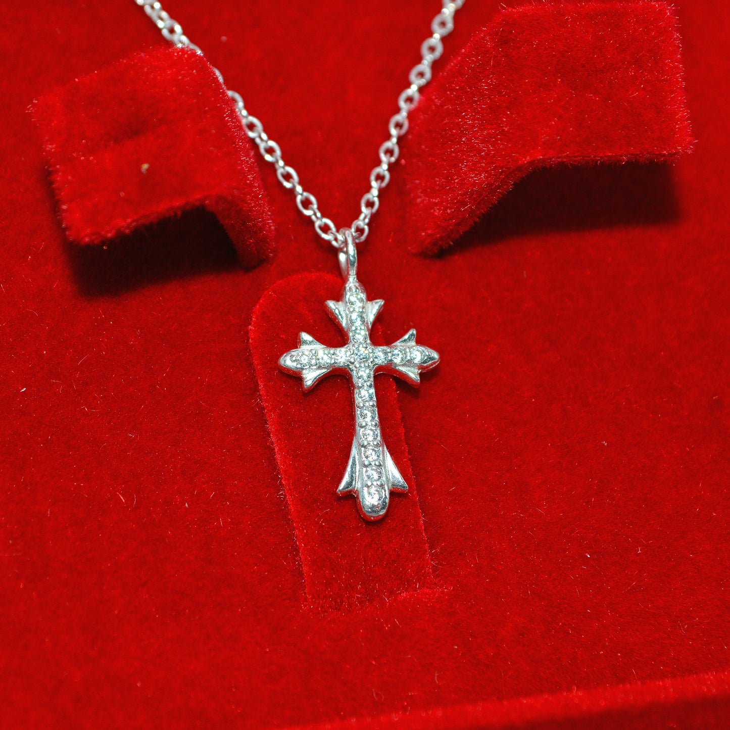 Sterling Silver - Cz Cross Necklace right tilt close inside box