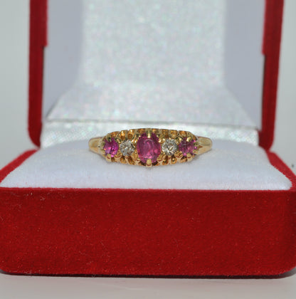 Edwardian Era 1909 - Antique 18ct Gold - Dainty Ruby & Diamond Ring front 2