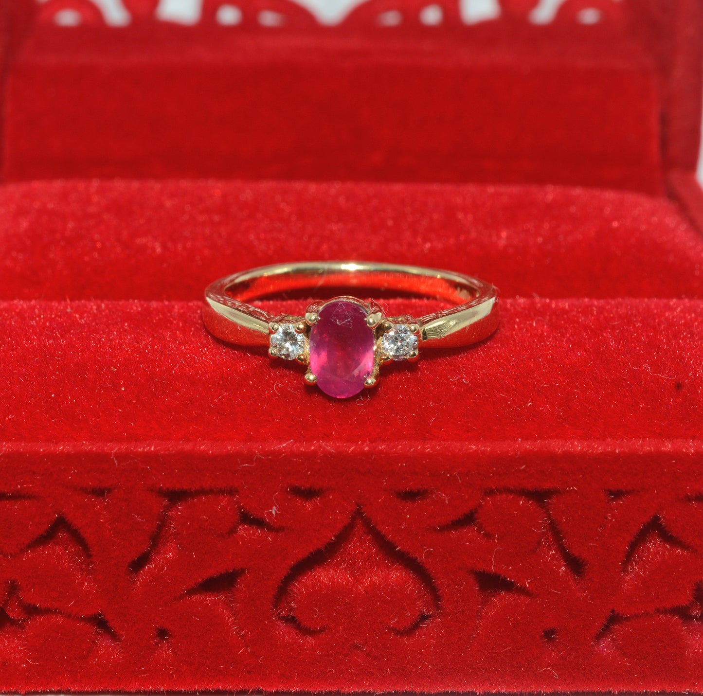 9ct Gold - Ruby & Diamond Trilogy Ring top down