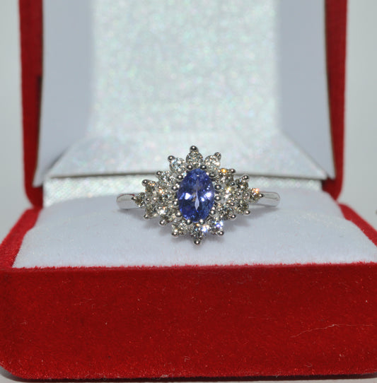 9ct White Gold - Tanzanite & Diamond Cluster Ring front