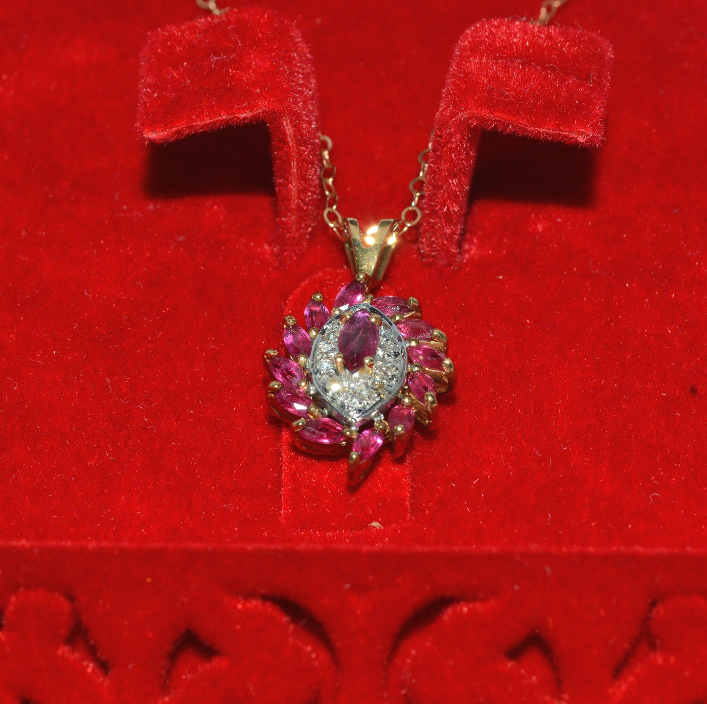 9ct Gold - Marquise Cut Ruby & Diamond Cluster Necklace up