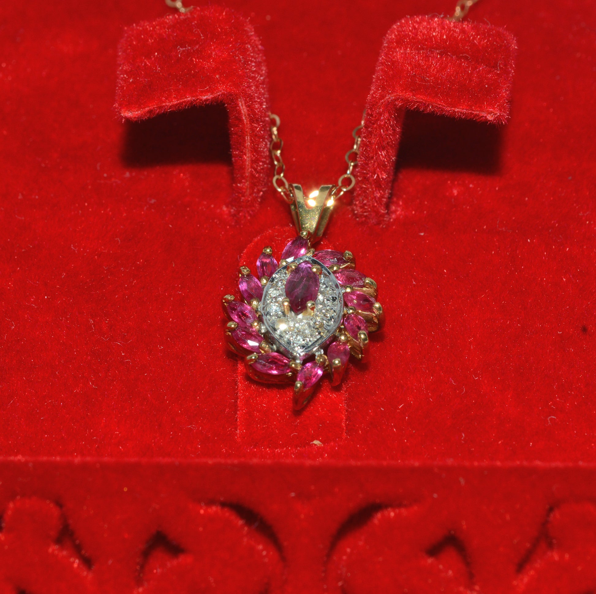 9ct Gold - Marquise Cut Ruby & Diamond Cluster Necklace up