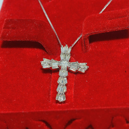 9ct White Gold - Baguette Diamond Cross Necklace front right 2