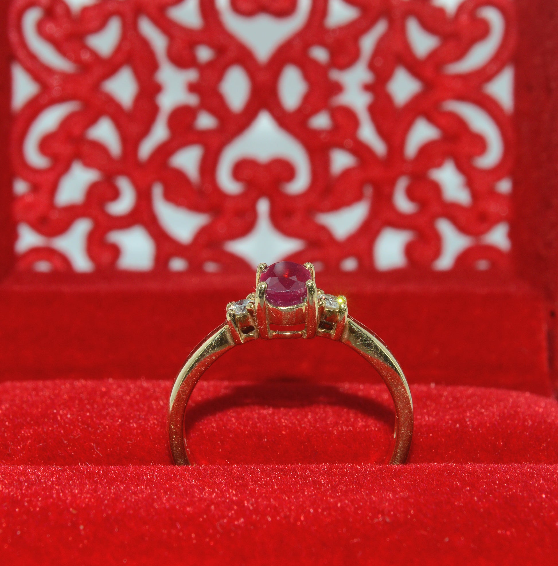 9ct Gold - Ruby & Diamond Trilogy Ring upright