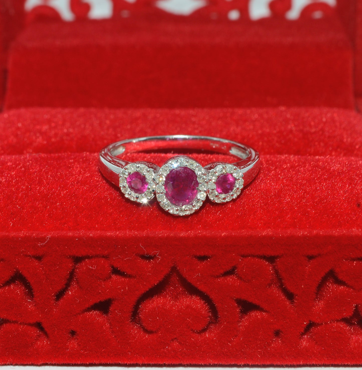 18ct White Gold - Ruby & Diamond Trilogy Ring top