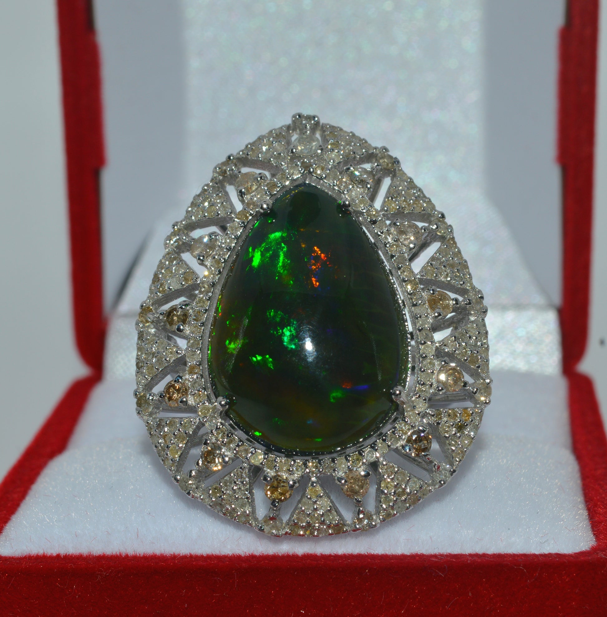 Silver - 6.15ct Pear Cut Black Opal & 1.4ct Diamond Cluster Ring front 2