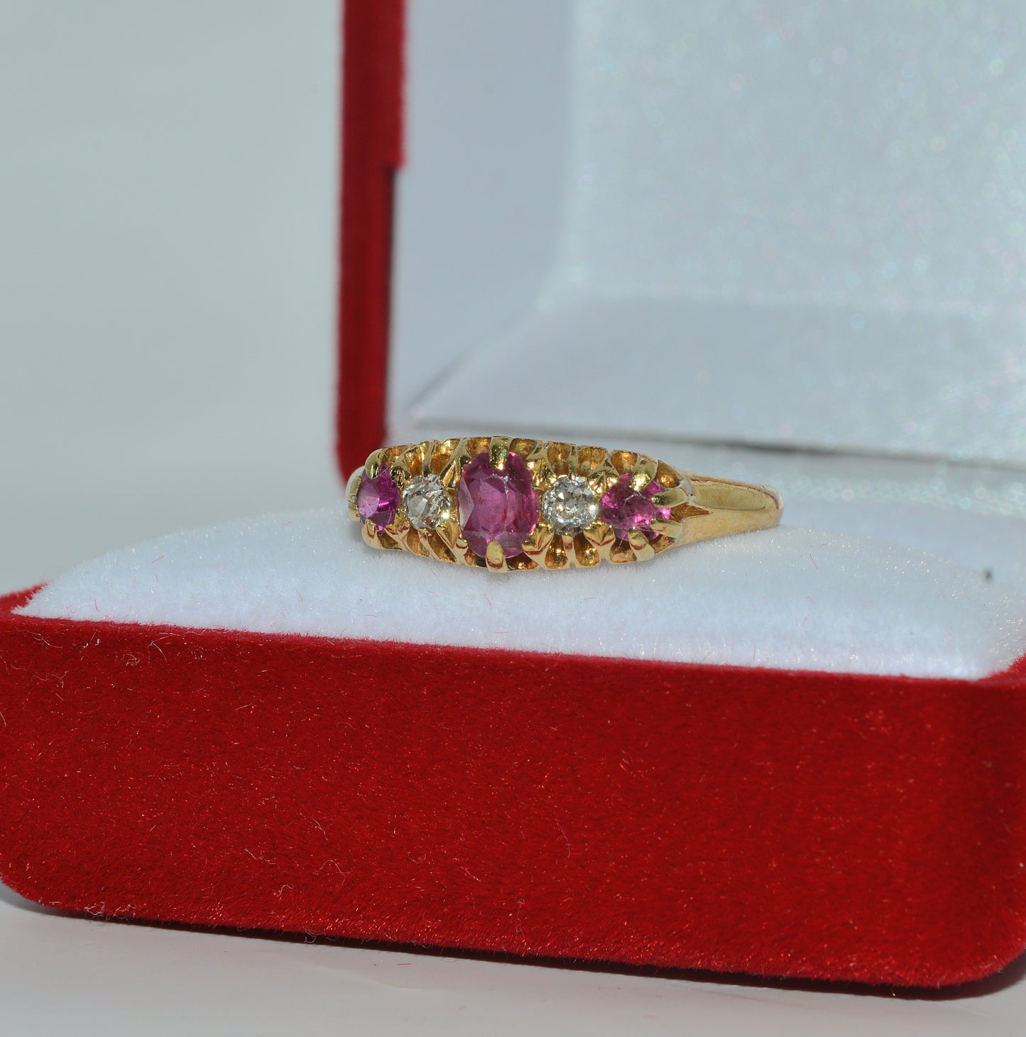 Edwardian Era 1909 - Antique 18ct Gold - Dainty Ruby & Diamond Ring left