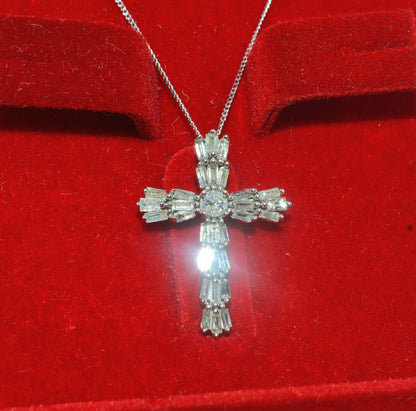 9ct White Gold - Baguette Diamond Cross Necklace front right 3