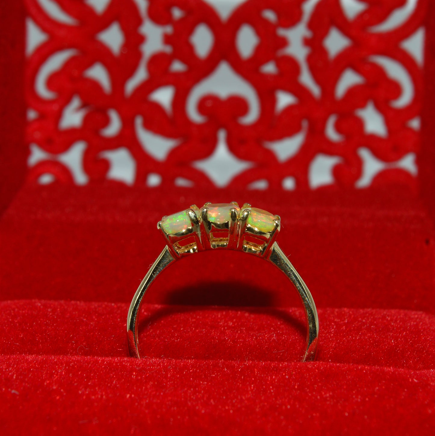 9ct Gold - Ethiopian Opal Trilogy Ring upright