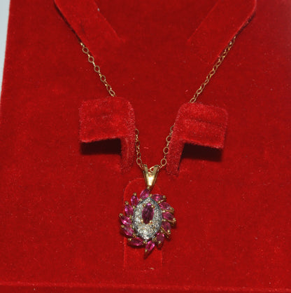 9ct Gold - Marquise Cut Ruby & Diamond Cluster Necklace far