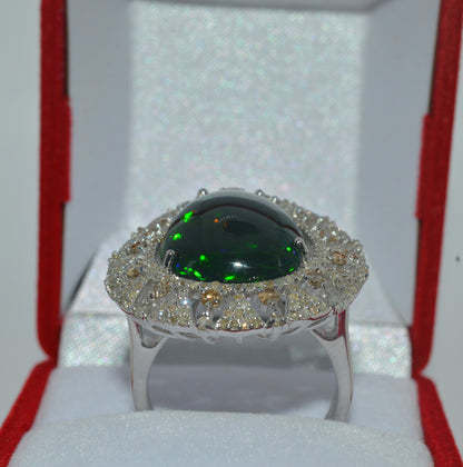 Silver - 6.15ct Pear Cut Black Opal & 1.4ct Diamond Cluster Ring upright