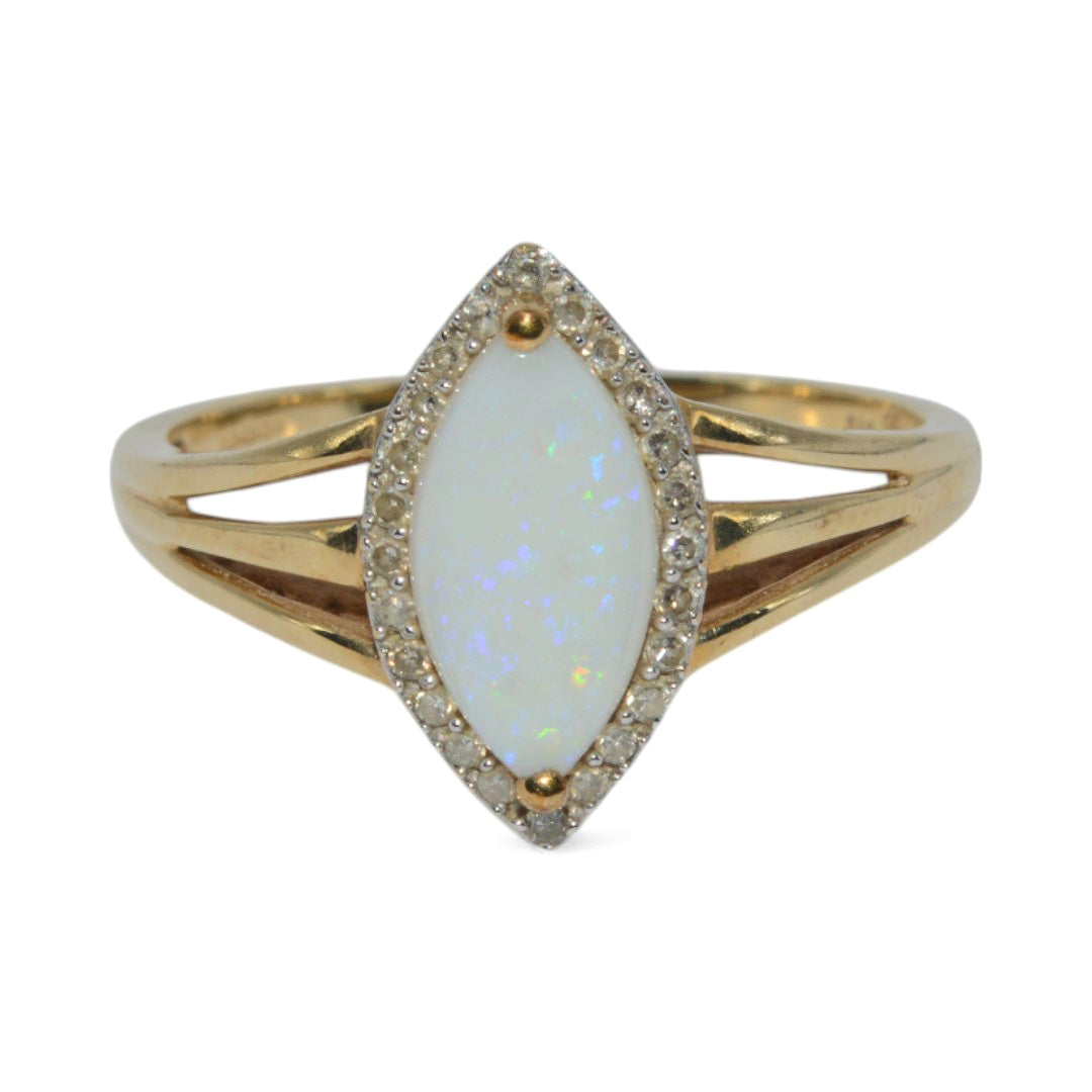 9ct Gold - Opal & Diamond Marquise Style Cluster Ring top down