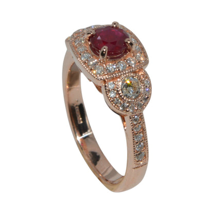 14ct Rose Gold - Ruby & Diamond Cluster Ring upright tilted to side