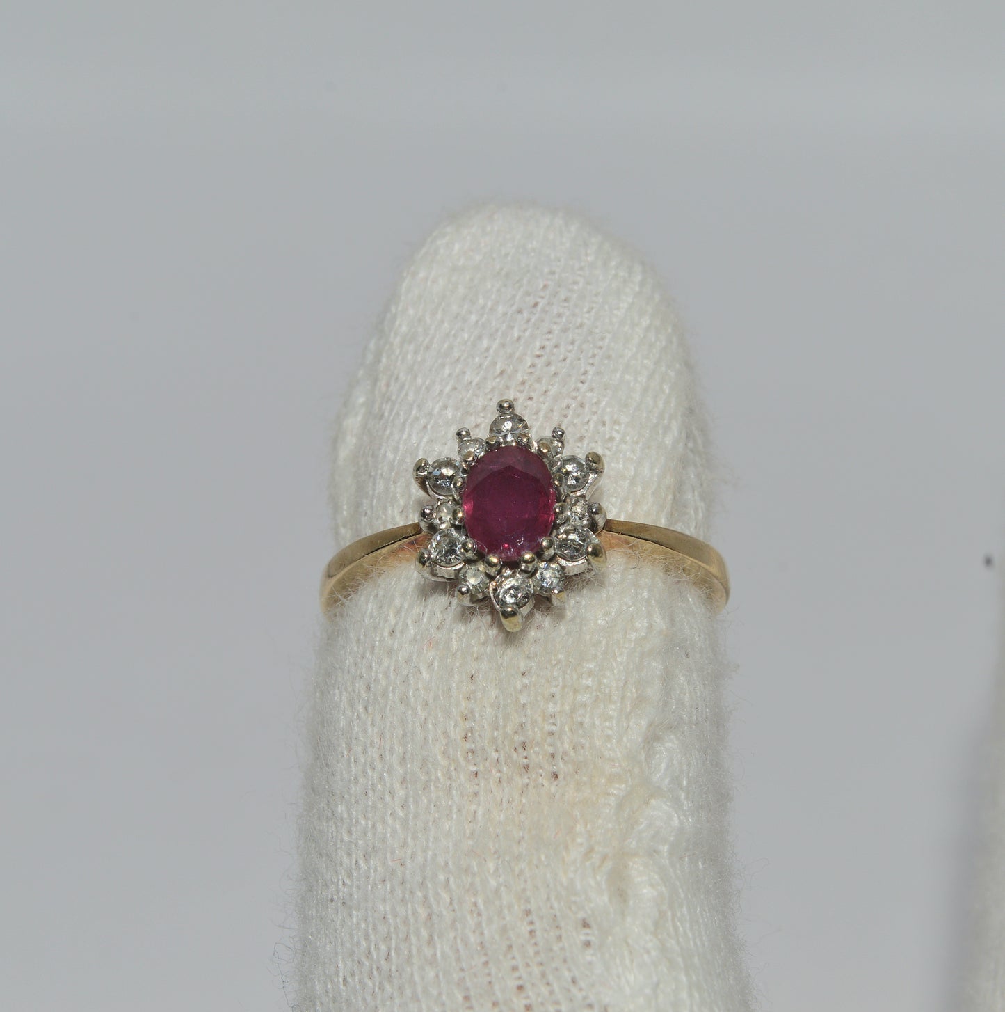 9ct Gold - Ruby & Diamond Cluster Ring finger top down