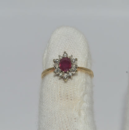 9ct Gold - Ruby & Diamond Cluster Ring finger top down