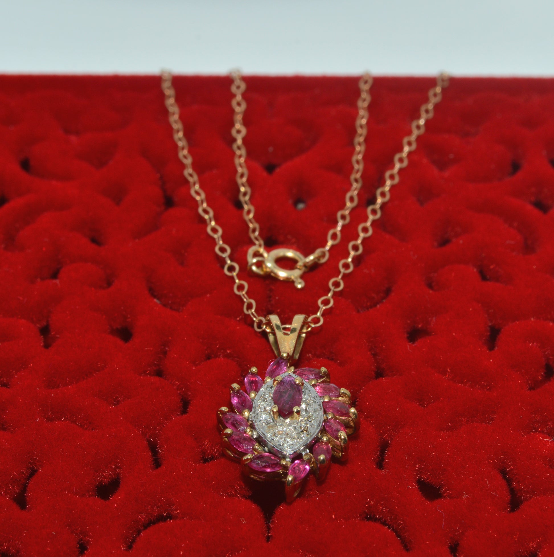 9ct Gold - Marquise Cut Ruby & Diamond Cluster Necklace top down