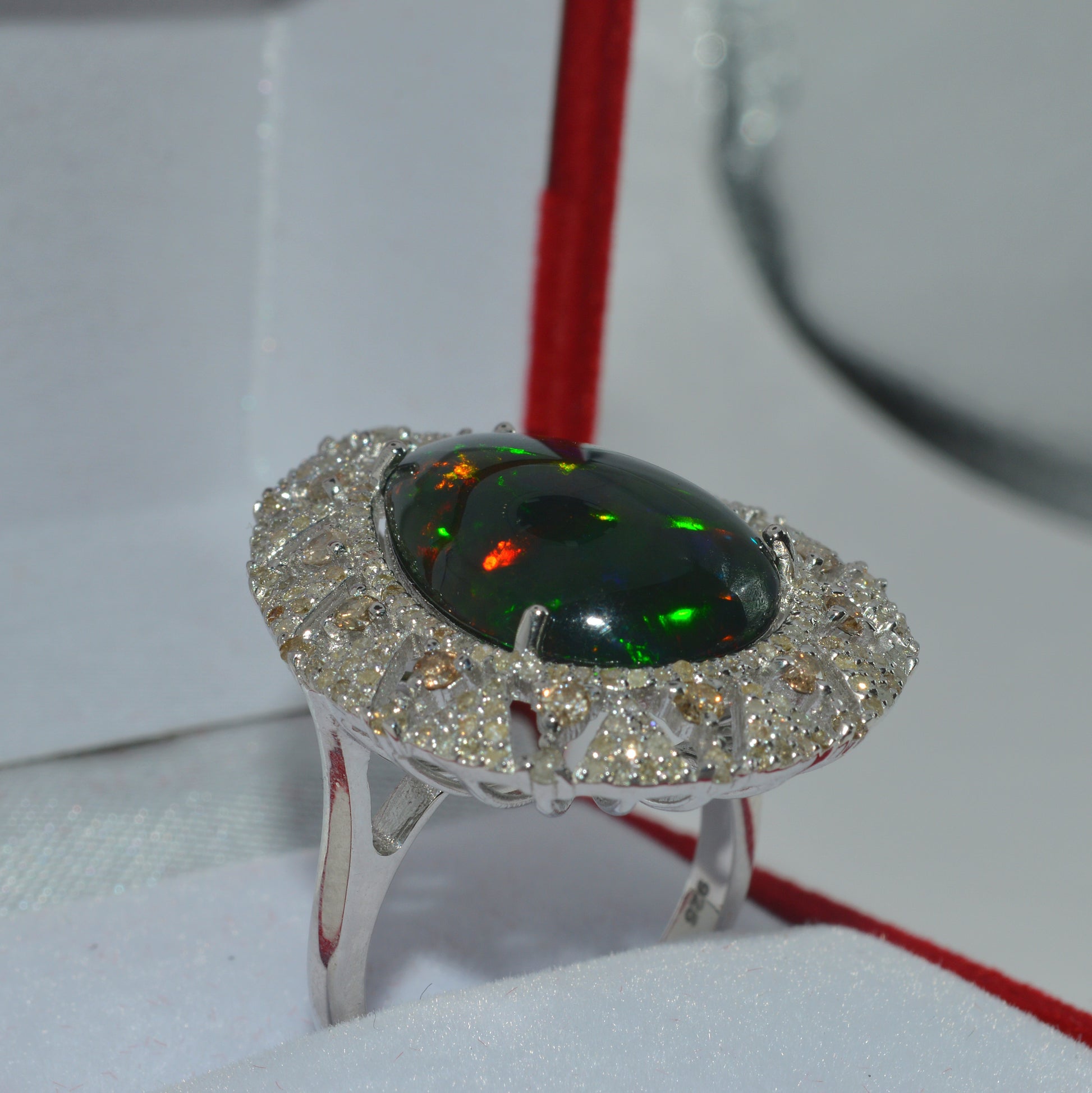 Silver - 6.15ct Pear Cut Black Opal & 1.4ct Diamond Cluster Ring upright right